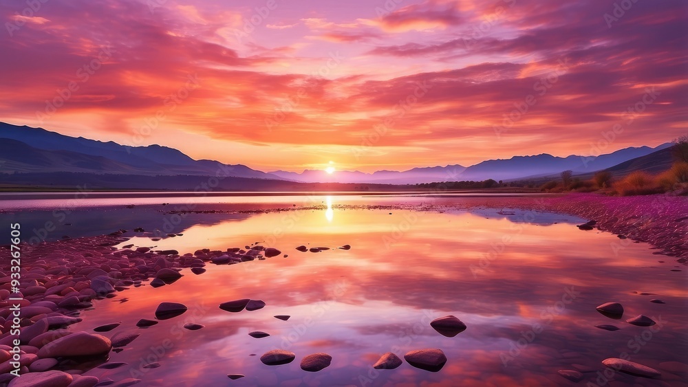 A breathtaking sunset over a tranquil lake, the sky ablaze with colors of orange, pink, and purple, reflected perfectly on the still water’s surface, creating a moment of pure serenity. A breathtaking sunset over a tranquil lake, the sky ablaze with colors of orange, pink, and purple, reflected perfectly on the still water’s surface, creating a moment of pure serenity.