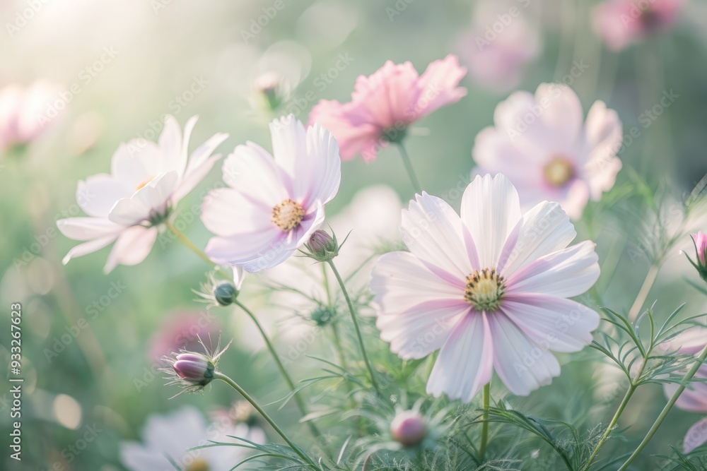 Delicate pink cosmos flowers with feathery foliage bloom against a crisp white background, evoking the gentle warmth and vibrancy of a spring morning floral landscape. Delicate pink cosmos flowers with feathery foliage bloom against a crisp white background, evoking the gentle warmth and vibrancy of a spring morning floral landscape.