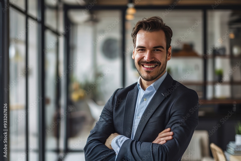 Handsome businessman with arms crossed, smiling in a modern office, captured in high-definition realistic style. Handsome businessman with arms crossed, smiling in a modern office, captured in high-definition realistic style.