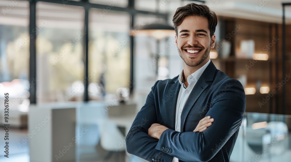 Handsome businessman with arms crossed, smiling in a contemporary office, photo-realistic style. Handsome businessman with arms crossed, smiling in a contemporary office, photo-realistic style.