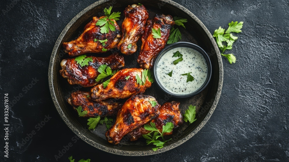 Close-up of grilled chicken wings with a side of creamy dipping sauce Close-up of grilled chicken wings with a side of creamy dipping sauce