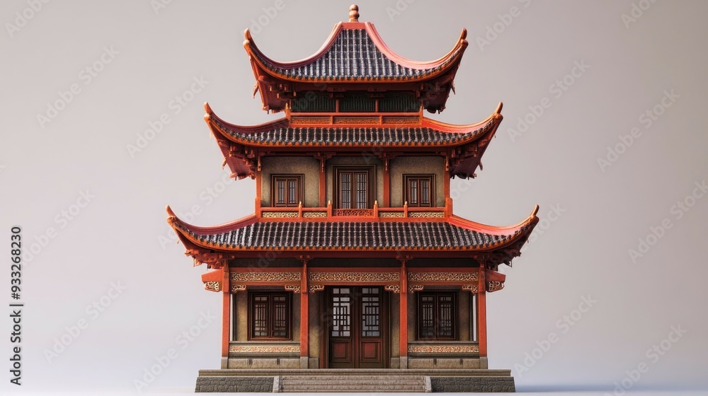 Fototapeta premium A traditional Chinese temple with red and black roofs, ornate windows, and a stone staircase.