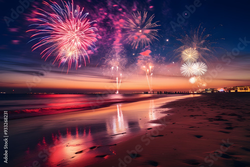 Fototapeta Naklejka Na Ścianę i Meble -  Fireworks on the sea night beach
