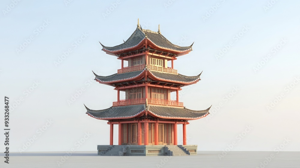 Fototapeta premium A traditional three-story Chinese pagoda with a red roof and black tile, on a white background.