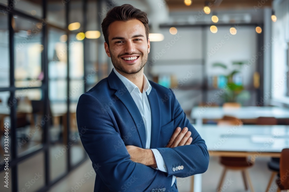 Handsome businessman with arms crossed, smiling in a modern office, captured in high-definition realistic style. Handsome businessman with arms crossed, smiling in a modern office, captured in high-definition realistic style.