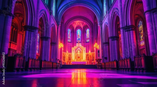 A vibrant purple and red interior view of a cathedral with stained glass windows, arches, pillars, and pews.