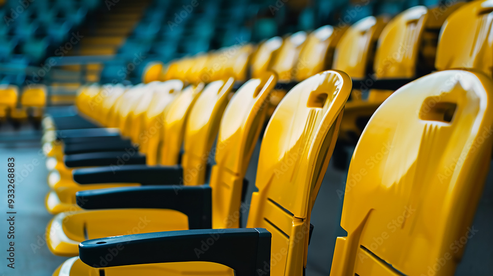 Fototapeta premium Rows of empty yellow stadium seats under sunlight