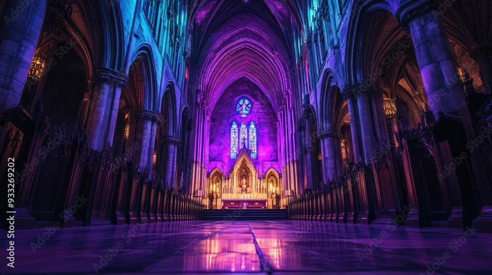 Fototapeta premium A view down the center aisle of a cathedral, illuminated in vibrant purple and blue light.
