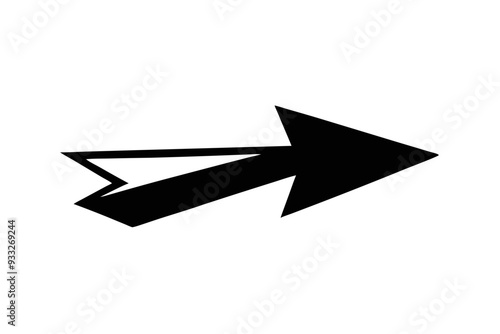 a black arrow pointing to the right. The arrow has a stylized design with a thick shaft and a pointed tip. The tail of the arrow has a unique, angular shape with two small triangular extensions on the