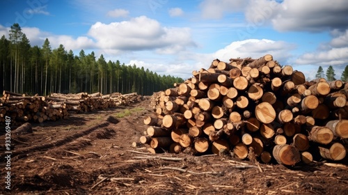 Deforestation symbolized by stack of freshly cut trees in the forest, environmental concept