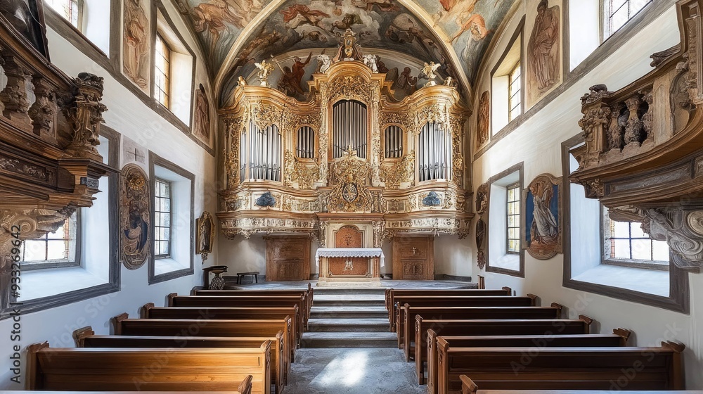 Naklejka premium A view of a historic church interior with an ornate pipe organ and wooden pews.