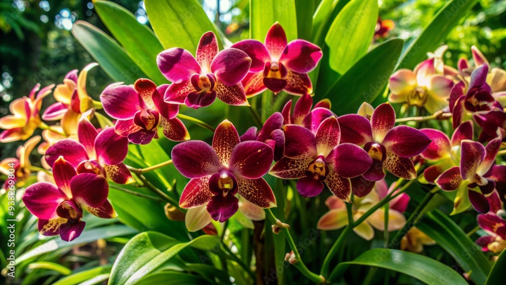 Obraz premium Exquisite orchid flowers bloom in a serene botanical garden, surrounded by lush greenery, perfect for Mother's Day or Valentine's Day celebrations, with a copy space for a sweet message.