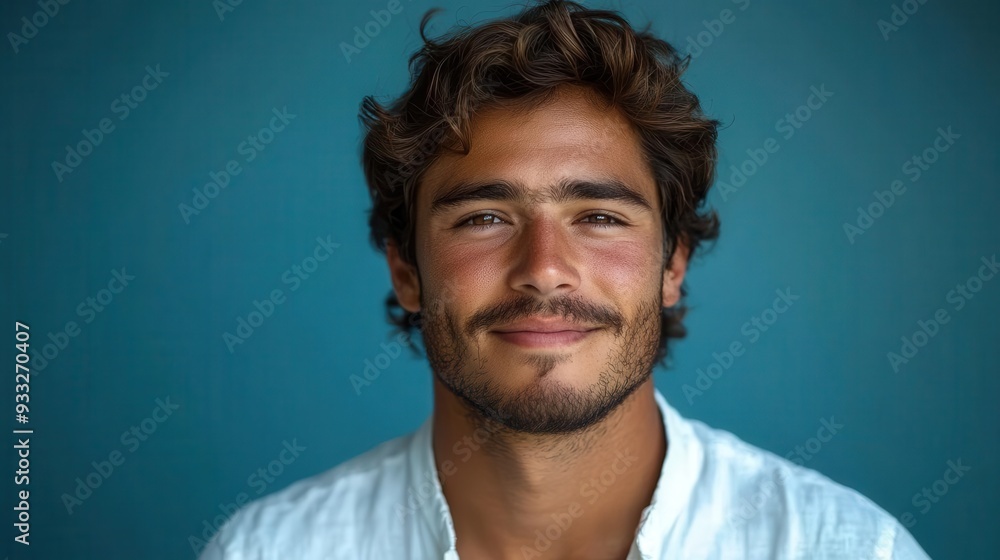 charismatic young man in crisp white shirt genuine smile against vibrant blue backdrop studio lighting emphasizes confident posture charismatic young man in crisp white shirt genuine smile against vibrant blue backdrop studio lighting emphasizes confident posture