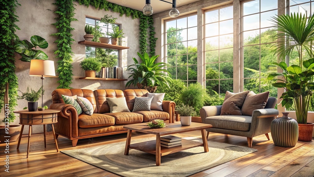 Obraz premium Cozy living room interior with plush couch, vintage armchair, and rustic wooden coffee table amidst warm natural light and lush green plants.