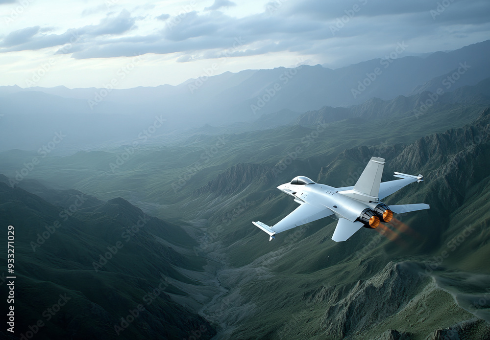 Fighter jet flying over desert mountain terrain Fighter jet flying over desert mountain terrain