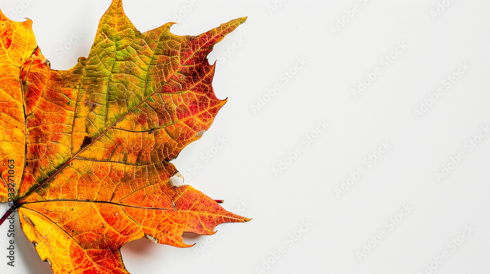 Aesthetic maple leaf with vibrant autumn colors, copy space, white background, presentation template. Generative AI Aesthetic maple leaf with vibrant autumn colors, copy space, white background, presentation template. Generative AI