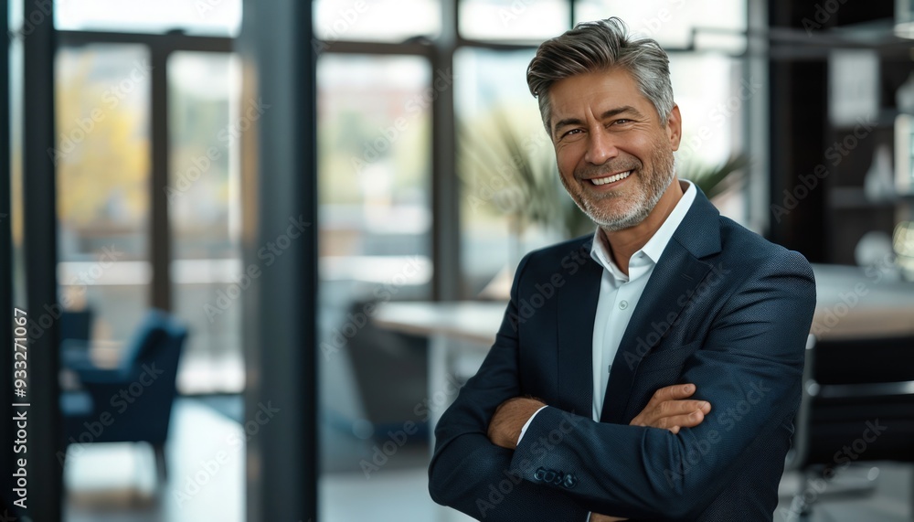 Handsome mature businessman with arms crossed, smiling at the camera in a modern office, photo-realistic style. Handsome mature businessman with arms crossed, smiling at the camera in a modern office, photo-realistic style.