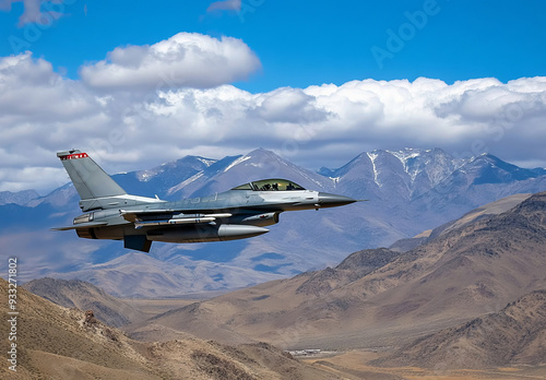 F-20 fighter jet flying over hills photo