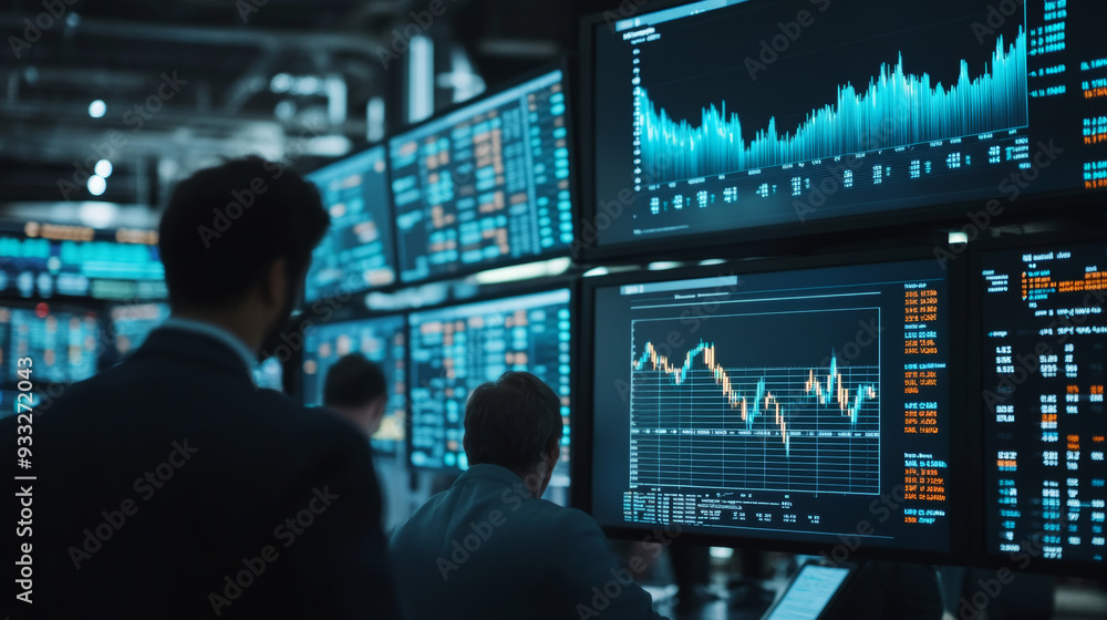 A bustling stock exchange floor, with traders analyzing large digital screens displaying fluctuating stock market graphs and charts A bustling stock exchange floor, with traders analyzing large digital screens displaying fluctuating stock market graphs and charts