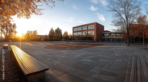 A wide, empty courtyard with a brick building and trees in the background, illuminated by the warm glow of the setting sun. photo