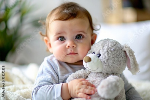 Baby with Soft Toy - A sweet portrait of a baby holding a soft, plush toy, looking content. 