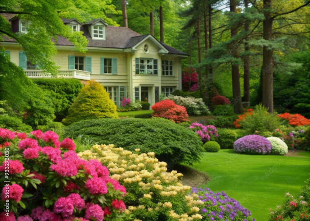 Obraz premium Vibrant azalea and rhododendron flowers bloom in a stunning garden, complementing the elegant façade of a luxurious house, surrounded by lush greenery and tranquil atmosphere.