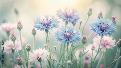 Fototapeta Naklejka Na Ścianę i Meble -  Delicate blue cornflowers bloom against soft, dreamy watercolor background, perfect for greeting cards, weddings, or birthdays, with ample copy space for personalized messages.