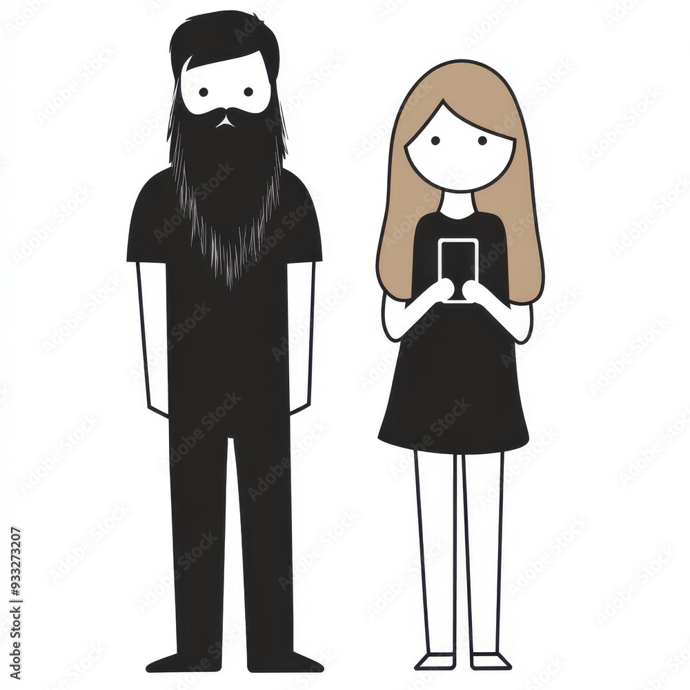 A simple stick figure shows a bearded man standing beside a woman who is absorbed in her phone. A simple stick figure shows a bearded man standing beside a woman who is absorbed in her phone.