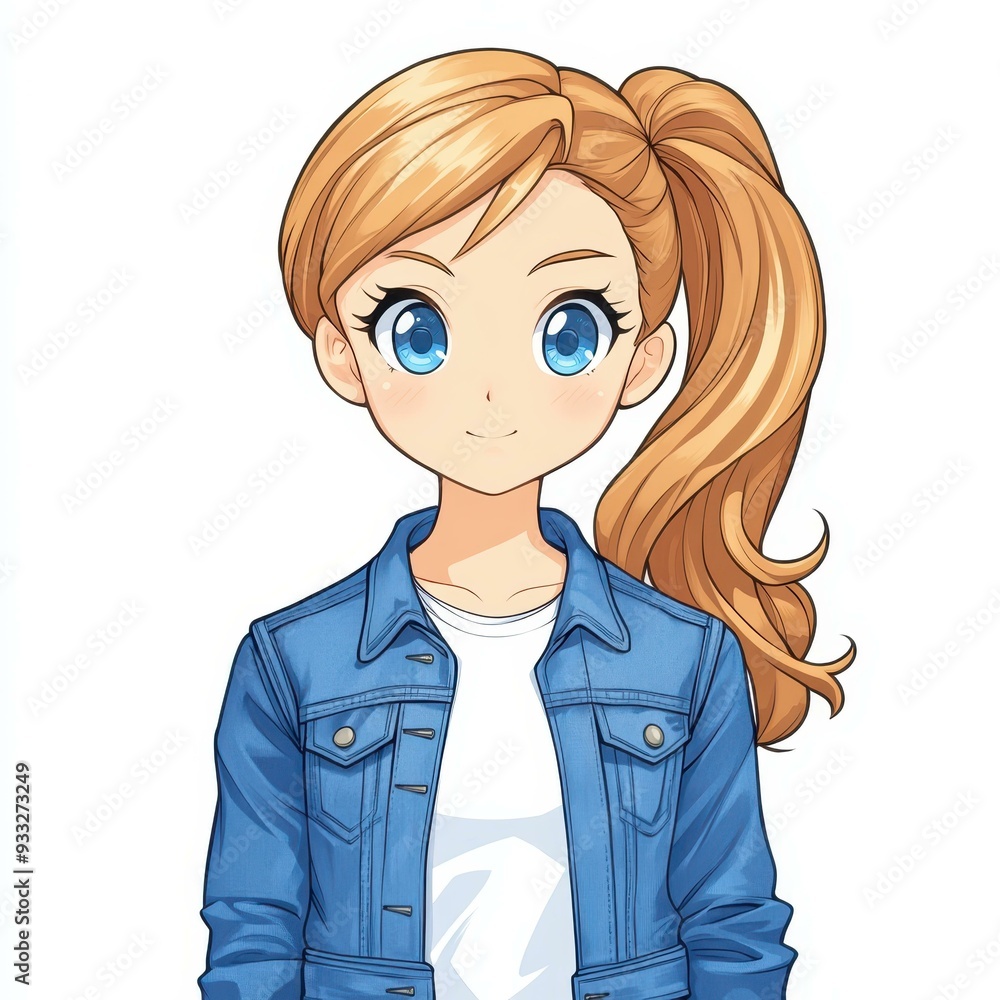 A stylish manga character with long blonde hair in a ponytail, wearing a denim jacket and a white tee, captivates with blue eyes. A stylish manga character with long blonde hair in a ponytail, wearing a denim jacket and a white tee, captivates with blue eyes.
