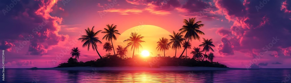 Palm Trees on an Island at Sunset, 3D Illustration Palm Trees on an Island at Sunset, 3D Illustration