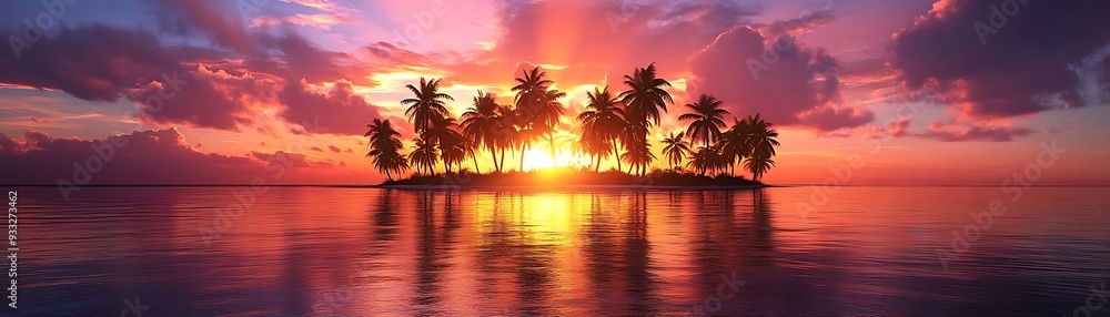 Palm Trees on a Tropical Island at Sunset - 3D Illustration Palm Trees on a Tropical Island at Sunset - 3D Illustration