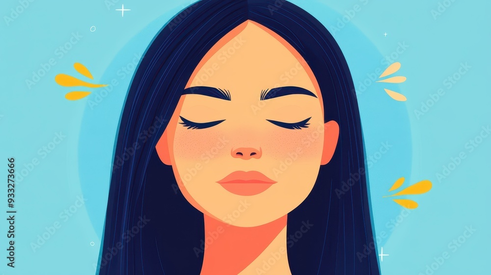 A charming cartoon woman with closed eyes radiates calmness in a flat style illustration adorned with textures. A charming cartoon woman with closed eyes radiates calmness in a flat style illustration adorned with textures.