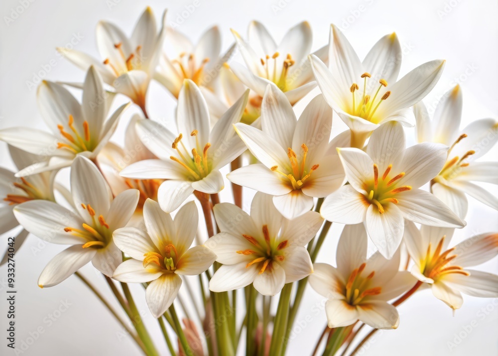 Fototapeta premium Delicate white rain lily flowers with yellow centers, isolated on a pure white background, showcasing their elegant trumpet-shaped blooms and slender, curved stems.