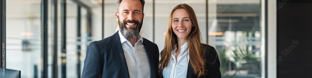 Happy business duo in sleek office, standing side by side, professional portrait style. Happy business duo in sleek office, standing side by side, professional portrait style.
