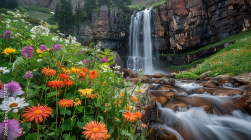 A beautiful view of a waterfall cascading down from a rocky cliff, surrounded by lush green trees and colorful wildflowers. photo