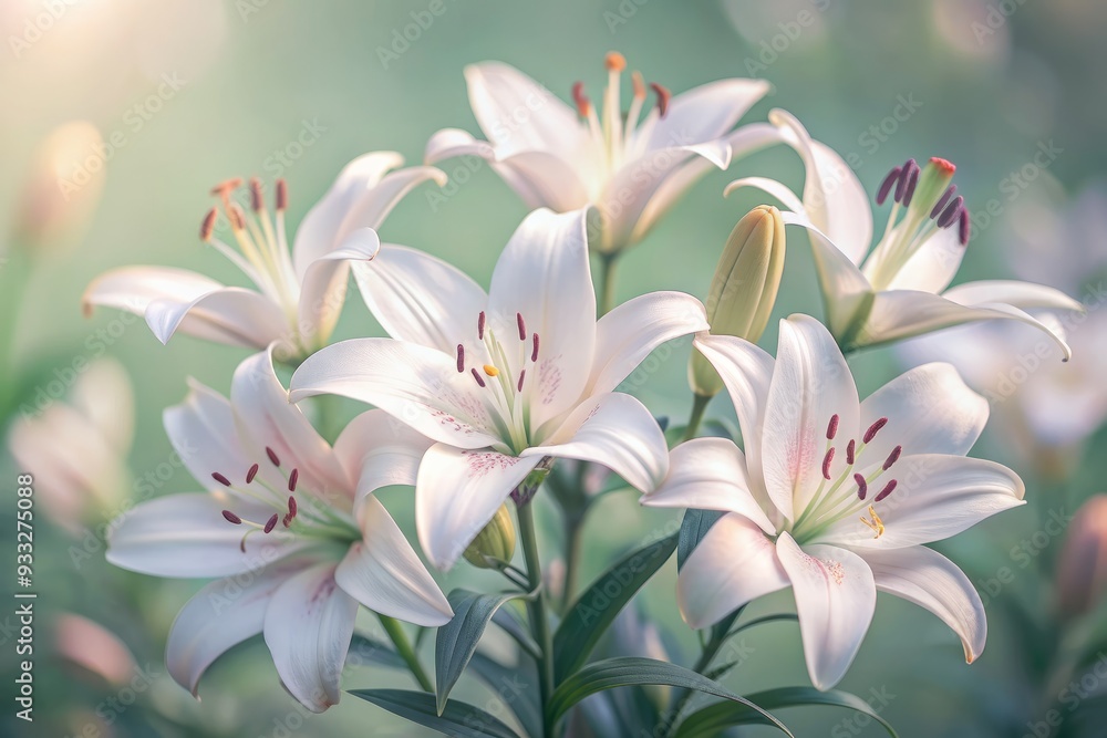 Delicate pure white lily flowers bloom in elegance, petals softly curved, isolated on a transparent background, perfect for banners, borders, or design elements. Delicate pure white lily flowers bloom in elegance, petals softly curved, isolated on a transparent background, perfect for banners, borders, or design elements.