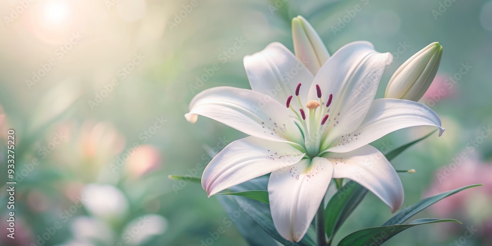 Fototapeta premium Soft focus white lily flower blooms on a serene creamy white floral background, perfect for beauty, spa, wellness, and natural cosmetics advertising banner templates.