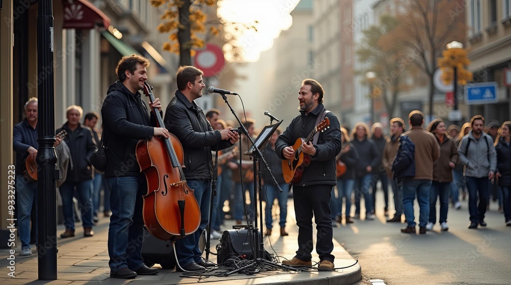 Fototapeta premium Street Musicians Performing Classical Instruments: Cellist and Violinists Entertaining Crowd in Urban Setting