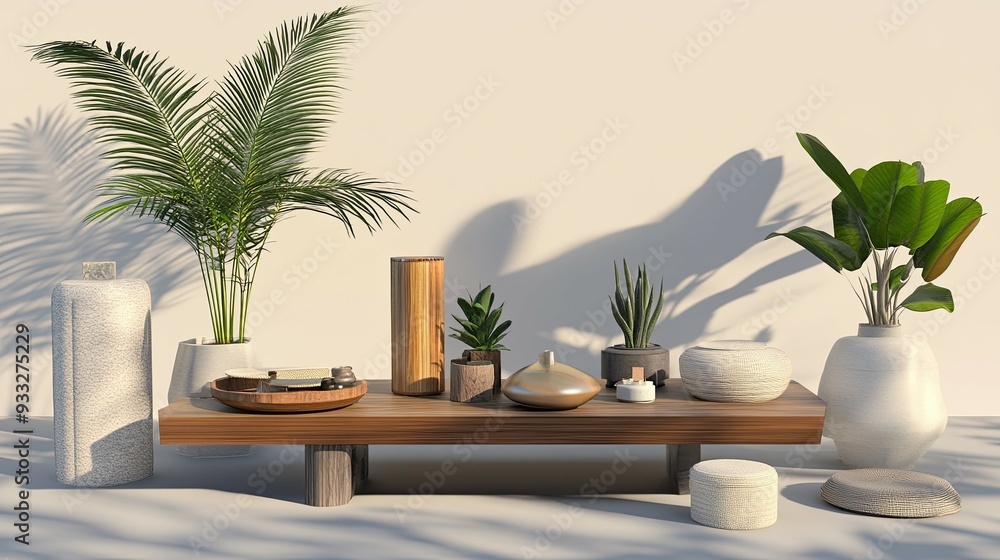 A wooden bench with plants and decorative items in a minimalist setting. A wooden bench with plants and decorative items in a minimalist setting.