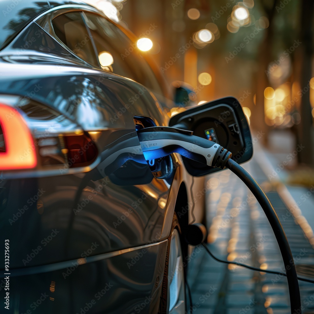 Orange electric car plugged in and charging on a city street during sunset. Free copy space for text. Orange electric car plugged in and charging on a city street during sunset. Free copy space for text.