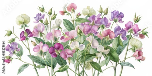 Delicate watercolor illustrations of sweet pea flowers in pastel hues, adorned with intricate details and gentle textures, perfect for elegant designs and whimsical creations.
