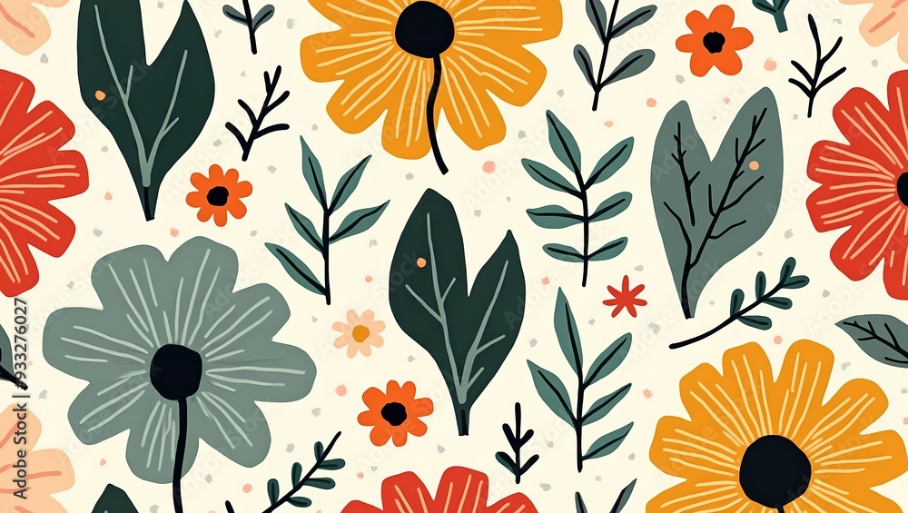 Minimalist Finnish-inspired floral pattern featuring geometric shapes and nature motifs in vibrant colors Minimalist Finnish-inspired floral pattern featuring geometric shapes and nature motifs in vibrant colors