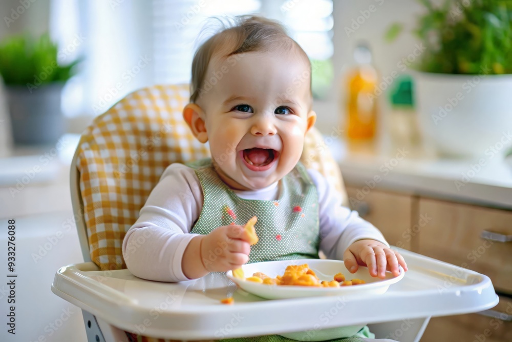 Baby Smiling in High Chair - A delighted baby sitting in a high chair, enjoying a meal.
Baby Smiling in High Chair - A delighted baby sitting in a high chair, enjoying a meal.