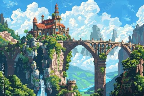 Pixel Art Castle Perched on Arch Bridge with Vibrant Scenic Background photo