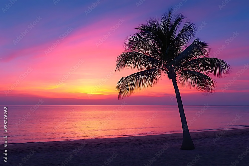 Palm Tree Silhouette on a Pink Sunset Beach Photo Palm Tree Silhouette on a Pink Sunset Beach Photo