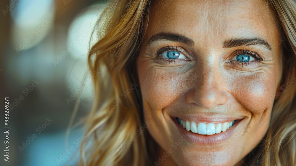 Close-up portrait of a smiling woman with blonde hair Close-up portrait of a smiling woman with blonde hair