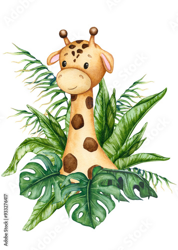 Cute baby giraffe in a bouquet of tropical leaves. Watercolor composition for birthday, gender party, baby shower, children's party. Illustration for postcard, poster, invitation, greeting card.
