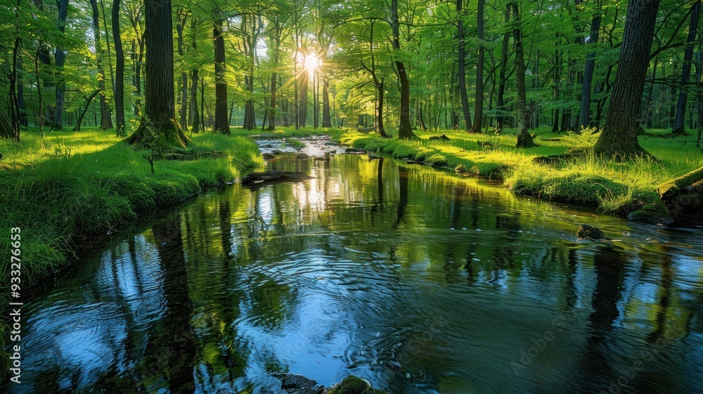 A quiet river winding through a lush forest A quiet river winding through a lush forest