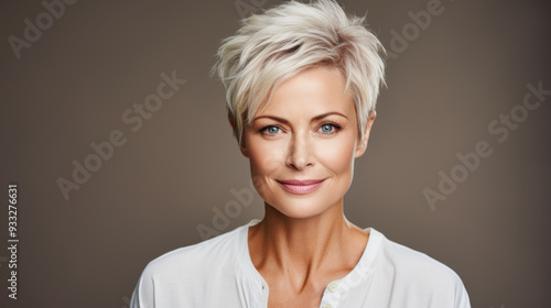 A studio portrait of a smiling woman with short grey hair and blue eyes, wearing a white shirt on a soft brown background photo