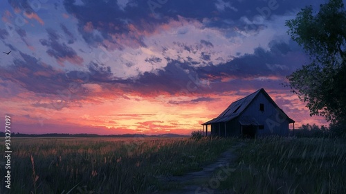  Picture of a small, old house in a field with a beautiful sunset sky.